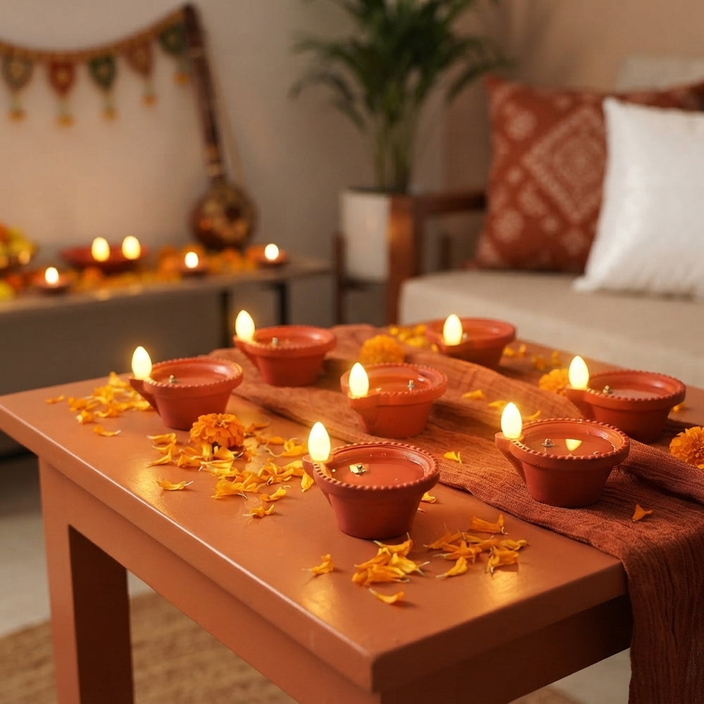 A group of LED water sensor diyas glowing on a wooden table with marigold flowers in a festive Indian home setting.