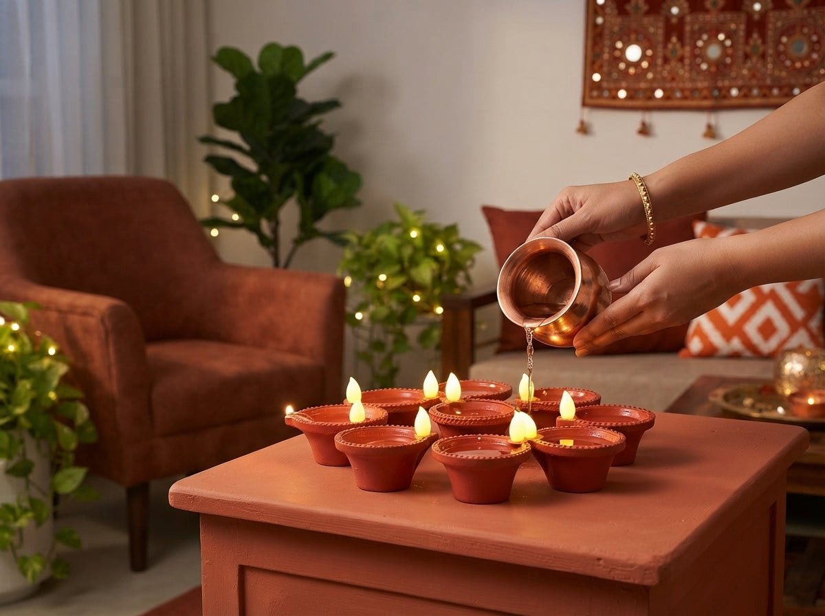 A close-up of a person activating an LED water sensor diya in a modern, festive Indian home setting.